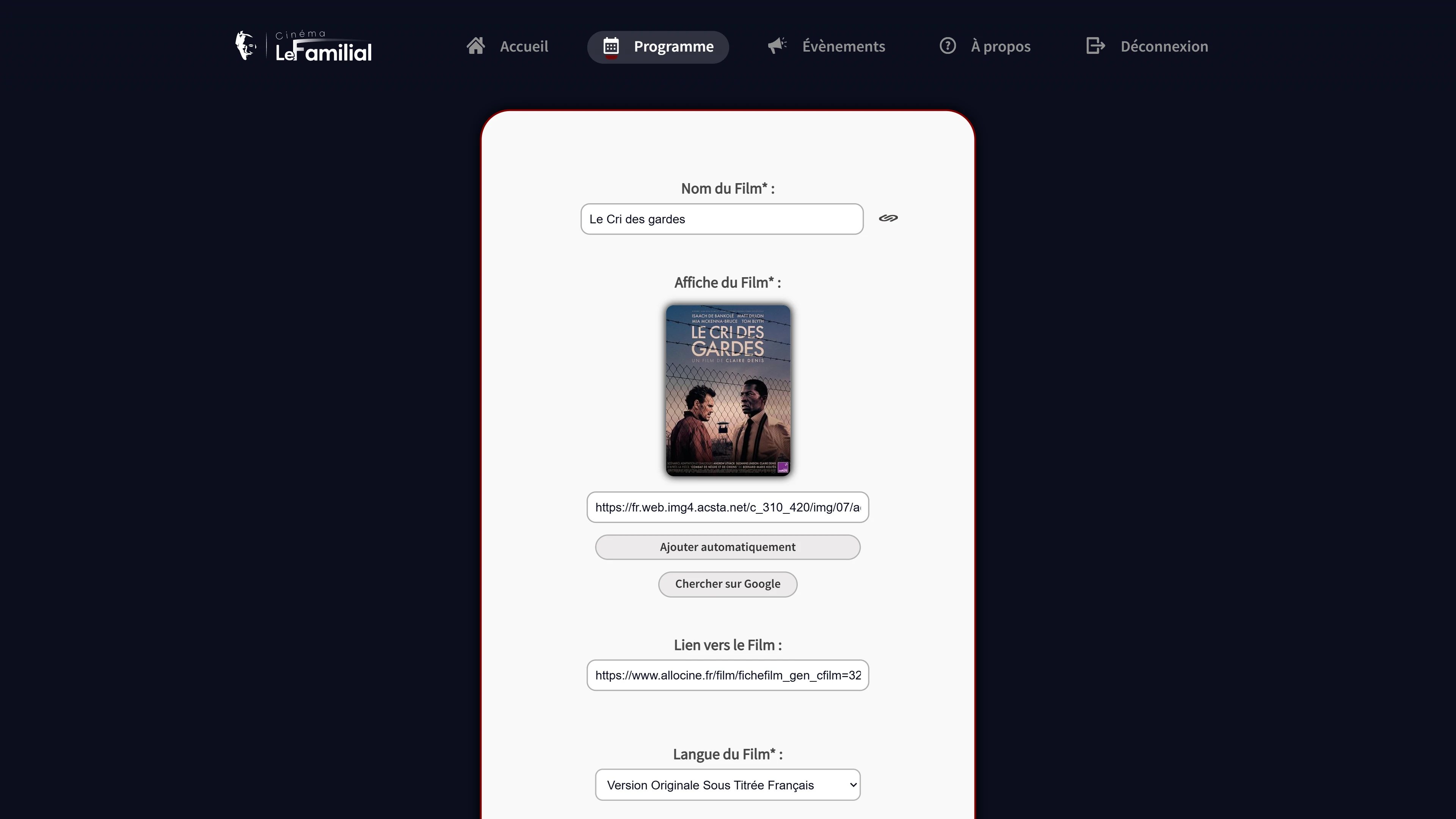 Cinema website screenings